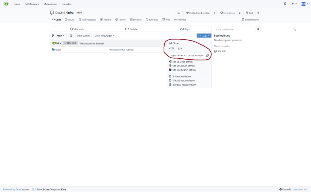 Wo finde ich die Repository-URL in Gitea für die Nutzung z.B. in Visual Studio Code oder in Portainer für die Nutzung eines Stacks mit Repository?
