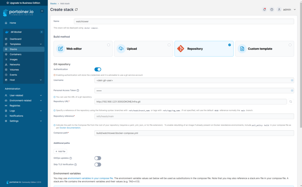 Angaben beim Anlegen eines Stacks für Watchtower in Portainer mit Nutzung des Gitea-Repository.