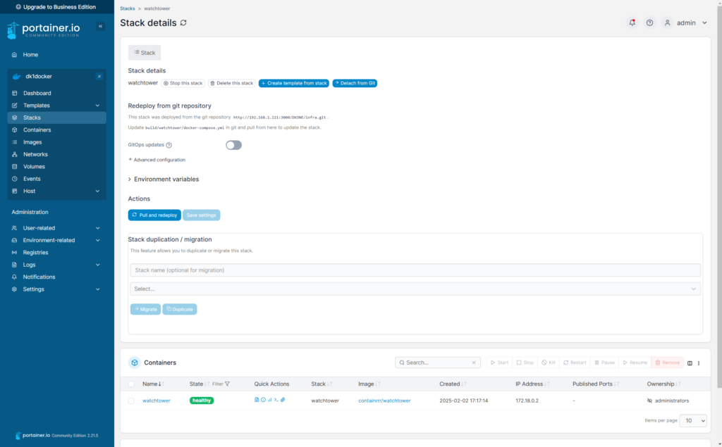 Ansicht des Stacks für Watchtower in Portainer mit Statusanzeige für den laufenden Docker-Container.
