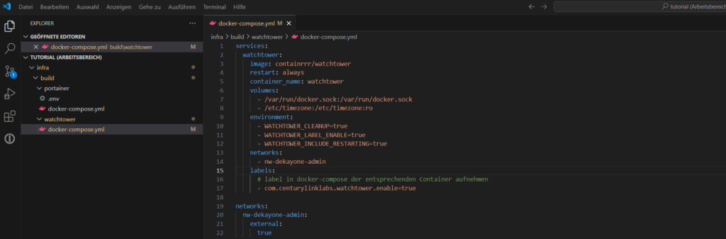 Verzeichnisstruktur für das docker-compose.yml von Watchtower in Visual Studio Code.