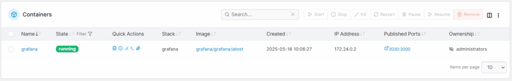 In den Details des Grafana-Stacks wird der laufenden Docker-Container für Grafana angezeigt.