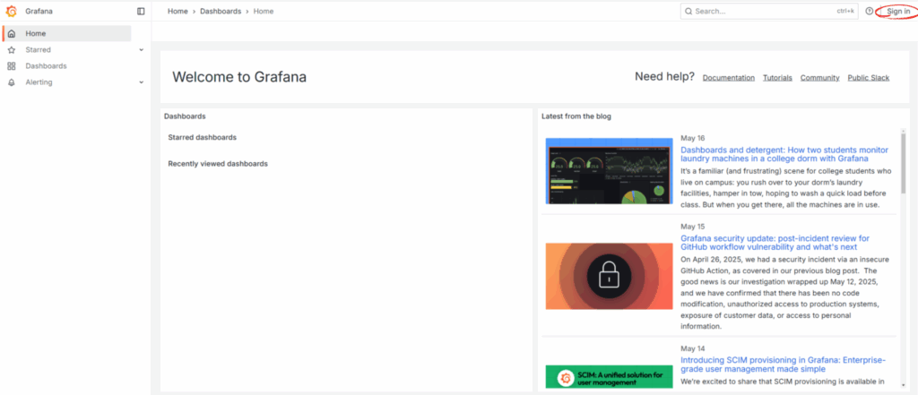 Beim Aufruf von Grafana über die IP-Adresse des Pi gefolgt vom festgelegten Port landet man auf der Startseite. Hier kann man sich über den Punkt "Sign in" rechts oben anmelden.
