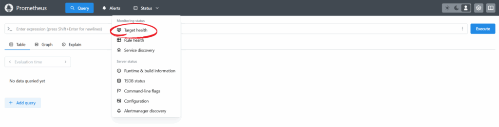 In der GUI von Prometheus wird über Status | Target Health die Liste der Jobs aufgerufen, die in der Datei prometheus.yml definiert sind.