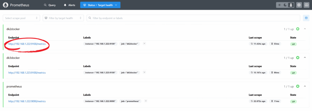 Die konfigurierten Jobs aus der prometheus.yml werden als Targets in der GUI angezeigt.